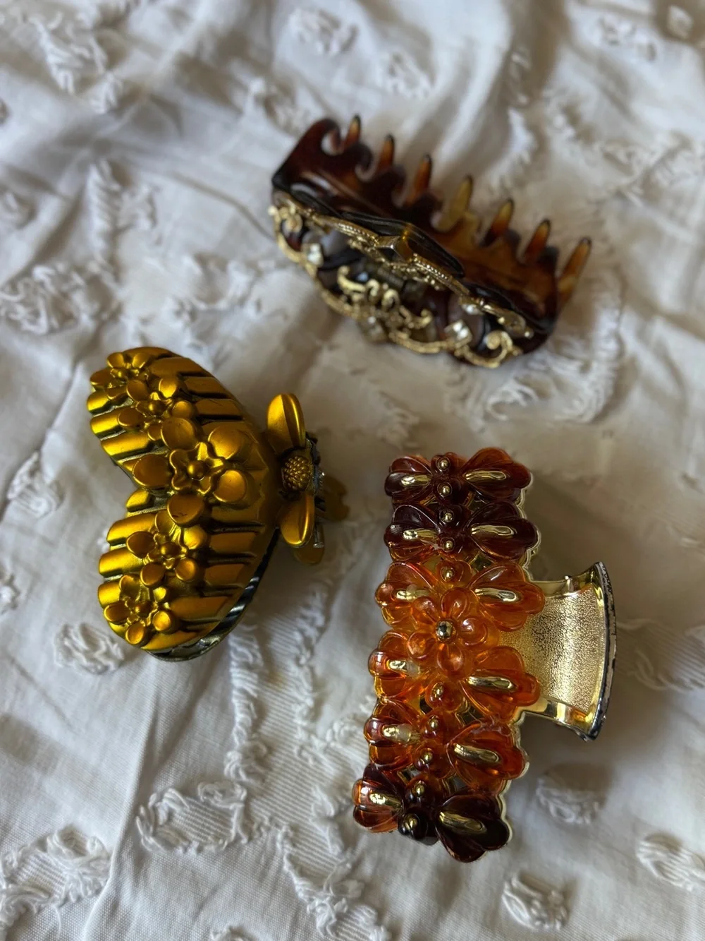 Set of 3 Decorative Vintage Hair Claw Clips- Gold toned